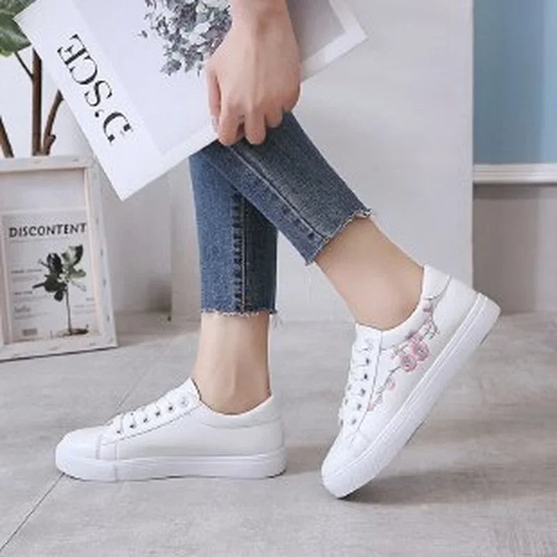 Women’s White Lace-Up Breathable Embroidered Sneakers