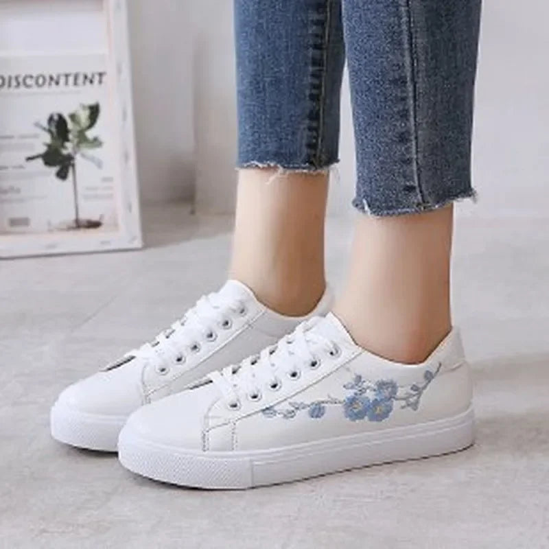 Women’s White Lace-Up Breathable Embroidered Sneakers