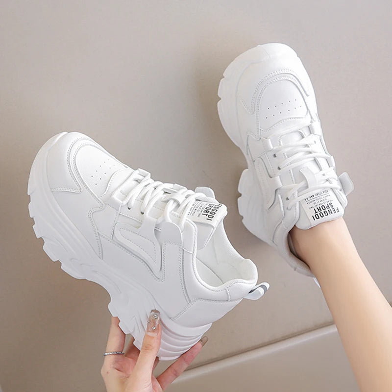 Womens White Platform Sneakers Lace Up PU Breathable