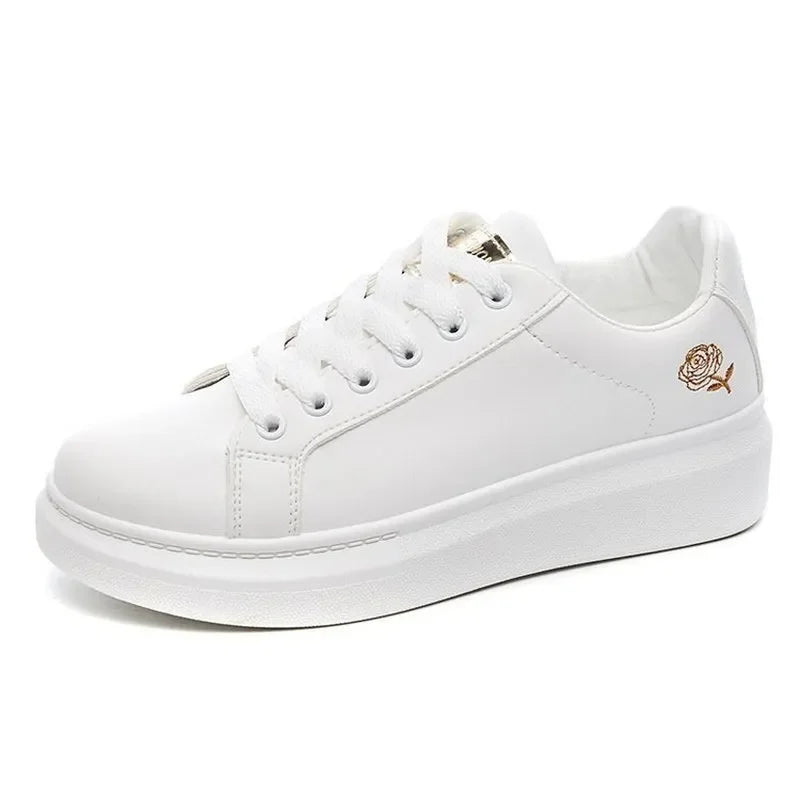 Women’s White Lace-Up Breathable Embroidered Sneakers
