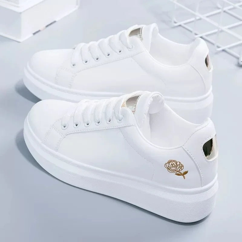 Women’s White Lace-Up Breathable Embroidered Sneakers