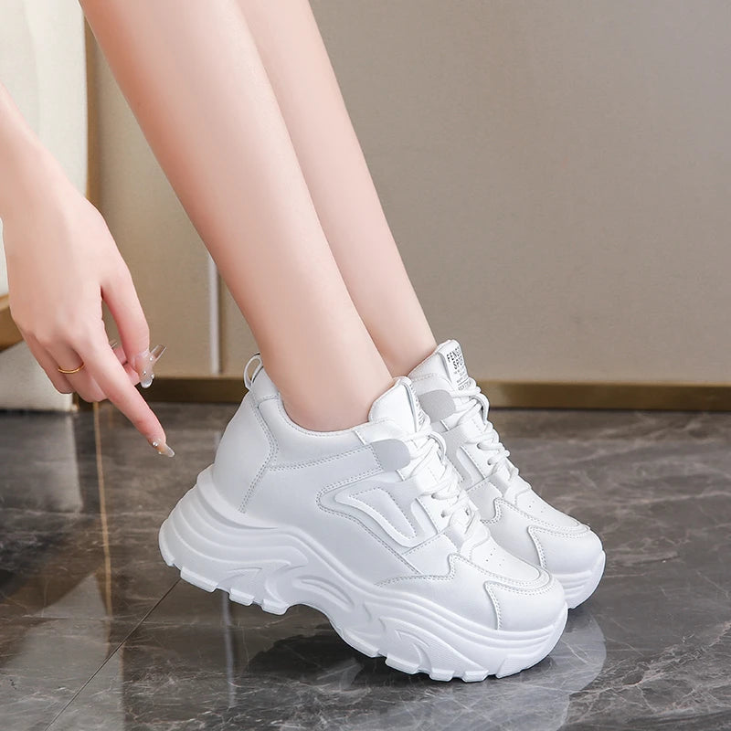 Womens White Platform Sneakers Lace Up PU Breathable