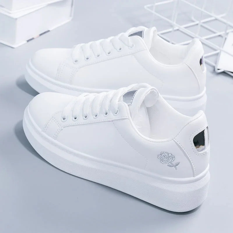 Women’s White Lace-Up Breathable Embroidered Sneakers